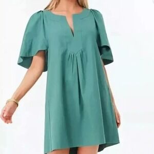 Pomander Place Tuckernuck‎ Pleated Mini Dress Medium Green V-Neck Cotton Preppy